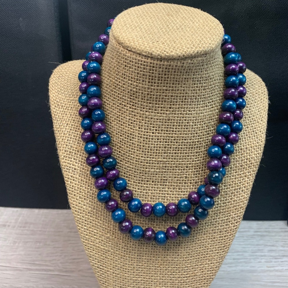 Long Purple Teal Blue Wood Bead Strand Necklace 34" Boho Layering Jewelry 5583 - Picture 2 of 4